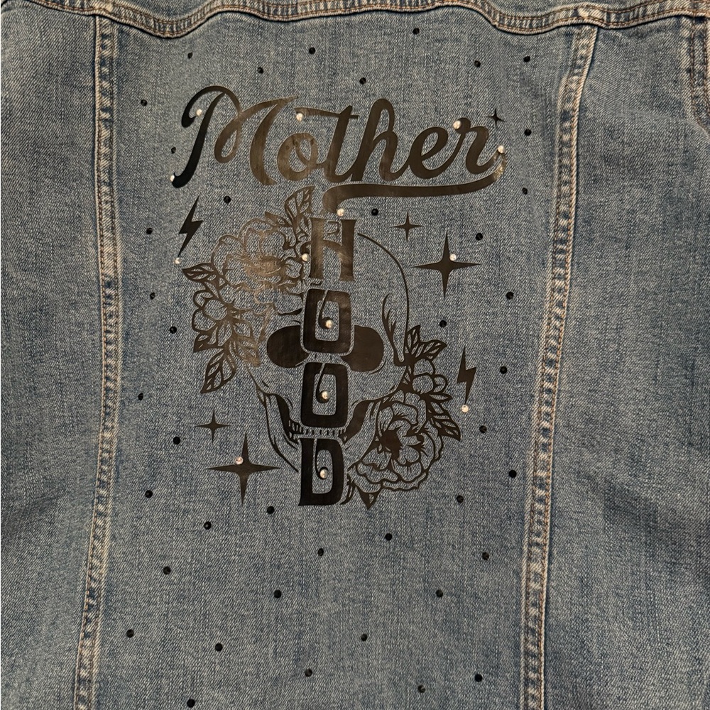 Custom Denim Jacket “Motherhood” Skull Floral Graphic Rhinestone Studded - Picture 3 of 3
